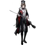  1boy animal_ears antoly_(arknights) arknights artist_request bear_boy bear_ears black_boots black_coat black_hat black_jacket black_pants boots brown_hair coat coat_on_shoulders full_body fur-trimmed_coat fur_trim hair_over_one_eye hand_on_blade hat high_collar highres holding holding_sword holding_weapon jacket material_growth military_uniform official_art oripathy_lesion_(arknights) pants parted_bangs short_hair smile solo sword tachi-e third-party_source transparent_background weapon 