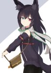  1girl :o absurdres animal_ear_fluff animal_ears bare_shoulders black_hair black_pants black_sleeves black_sweater blue_eyes blush clothing_cutout commentary_request detached_sleeves from_side grey_background grey_scarf hair_between_eyes heterochromia highres long_hair long_sleeves looking_at_viewer looking_to_the_side multicolored_hair nyaha original pants parted_lips puffy_long_sleeves puffy_sleeves red_eyes scarf shoulder_cutout sleeveless sleeveless_sweater solo streaked_hair sweater tail tail_through_clothes two-tone_background very_long_hair white_background 