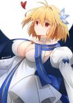  1girl antenna_hair arcueid_brunestud arcueid_brunestud_(mooncancer) bare_shoulders blonde_hair blue_bow blue_flower blue_ribbon blush bow breasts choker cleavage commentary_request detached_sleeves dress dress_bow fate/grand_order fate_(series) floating_clothes floating_hair flower full_moon hair_between_eyes hair_flower hair_intakes hair_ornament heart highres large_breasts looking_at_viewer moon night ribbon short_hair sidelocks single_hair_intake sky smile solo star_(sky) starry_sky upper_body vent_vert_(kuuya) white_dress white_sleeves 