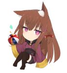  1girl absurdres animal_ear_fluff animal_ears ball black_shorts blush bow brown_hair brown_thighhighs chibi closed_mouth commentary_request hair_between_eyes hair_bow highres japanese_clothes kimono long_hair long_sleeves looking_at_viewer no_shoes nyaha obi original purple_eyes purple_kimono red_bow sash short_shorts shorts simple_background sitting sleeves_past_wrists solo temari_ball thighhighs very_long_hair white_background wide_sleeves 