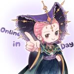  1girl artist_request black_cape black_hanfu brown_eyes cape capelet chinese_clothes commentary cosplay cowboy_shot earrings english_commentary english_text forehead frilled_veil gold_earrings green_cape green_capelet hand_on_own_hip hanfu highres jewelry lipstick long_sleeves makeup necklace nezha_chuanqi nikki_(nikki) nikki_(series) official_art outline pink_hair pointing pointing_at_viewer purple_background purple_lips purple_sash purple_vest sash second-party_source shiji_niangniang_(nezha_chuanqi) shiji_niangniang_(nezha_chuanqi)_(cosplay) shining_nikki short_hair sidelocks skull_necklace smirk solo standing teeth two-sided_cape two-sided_fabric two-tone_background vest waist_sash wavy_hair white_background white_outline wide_sleeves yunjian 