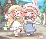  >_< :d bag black_bow blonde_hair blue_bow blue_skirt bow braid brown_shirt commentary_request dress erpin_(trickcal) frilled_dress frills green_ribbon hat highres ner_(trickcal) outdoors ribbon shirt shoes skirt smile suwa_yasai trickcal twin_braids twintails white_dress white_shirt wings xd 