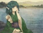  1girl blue_eyes blue_hair canvas_texture commentary_request curly_hair fins green_kimono hand_on_own_cheek hand_on_own_face head_fins japanese_clothes kimono lake landscape light_blush looking_to_the_side mountain obi obijime outdoors retrochaossan sash short_hair solo touhou tree upper_body wakasagihime watercolor_effect 