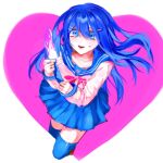 1girl blue_eyes blue_hair blue_skirt blue_thighhighs bow bowtie collarbone commentary_request danganronpa:_trigger_happy_havoc danganronpa_(series) hair_ornament hairclip heart highres holding holding_knife knife long_hair long_sleeves maizono_sayaka pink_background pink_bow pink_bowtie pleated_skirt rutang shiny_clothes shirt skirt solo sweat thighhighs white_background white_shirt 