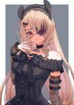  1girl absurdres animal_ears arm_belt artist_name bare_shoulders belt black_belt black_bow black_choker black_dress black_headdress border bow breasts brown_hair chest_bow chest_jewel choker collarbone commentary cross-laced_clothes cross-laced_dress detached_sleeves dress dress_bow english_commentary eyepatch floral_print_sleeves flower_eyepatch frilled_dress frills gothic_lolita grey_background hair_bow hand_up heart heart_necklace highres indie_virtual_youtuber jewelry lace-trimmed_dress lace-trimmed_headdress lace-trimmed_sleeves lace_trim lolita_fashion long_hair long_sleeves looking_at_viewer medium_breasts mikeemyk1 necklace nimi_nightmare nimi_nightmare_(goth) off-shoulder_dress off_shoulder one_eye_covered parted_lips red_eyes see-through_clothes see-through_sleeves simple_background sleeves_past_wrists solo tapir_ears upper_body very_long_hair virtual_youtuber white_border 