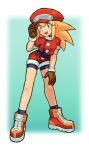  1girl :d absurdres aqua_background black_bodysuit black_socks blonde_hair blurry blurry_background blush_stickers bodysuit bodysuit_under_clothes border brown_gloves brunh_(gigipiubhello) commentary cropped_shirt english_commentary full_body gloves green_eyes hand_on_own_knee hat hat_tip highres leaning_forward mega_man_(series) mega_man_legends_(series) open_mouth red_hat red_shirt red_shoes red_shorts roll_caskett_(mega_man) shirt shoes short_shorts short_sleeves shorts simple_background smile socks solo standing teeth upper_teeth_only white_border 