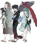  3girls aibivy alternate_costume aqua_coat aqua_hair aqua_kimono black_kimono black_scarf blue_eyes brown_eyes brown_hair checkered_clothes checkered_scarf coat commentary_request full_body futatsuiwa_mamizou geta glasses heterochromia houjuu_nue japanese_clothes kimono long_hair looking_at_another medium_hair multiple_girls red_eyes red_sash sash scarf tatara_kogasa touhou two-tone_scarf white_background white_scarf 