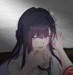  2girls armband black_hair blue_eyes blue_hair cerydra_(honkai:_star_rail) chrysos_heirs_school_uniform collared_shirt colored_inner_hair commentary dashikonwritter english_commentary female_pov finger_in_another's_mouth hair_ornament hand_on_another's_chin honkai:_star_rail honkai_(series) hysilens_(honkai:_star_rail) long_hair looking_at_viewer loose_necktie multicolored_hair multiple_girls necktie official_alternate_costume open_mouth portrait pov pov_hands school_uniform shirt signature solo_focus striped_clothes striped_necktie very_long_hair white_shirt yuri 