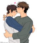  2boys ace_of_diamond artist_name blue_sleeves blush brown_hair closed_mouth commentary english_commentary from_side grey_shirt heart hug kiss kissing_forehead long_sleeves male_focus miyuki_kazuya multiple_boys nume_x sawamura_eijun shirt short_hair sideburns simple_background two-tone_shirt upper_body white_background white_shirt yaoi 
