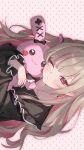  1girl brown_hair colored_inner_hair commentary debitto_(makaino_ririmu) frills highres holding holding_stuffed_toy ichi_san_neruzo long_sleeves looking_at_viewer makaino_ririmu multicolored_hair nijisanji official_alternate_costume one_eye_closed pink_eyes pink_hair pointy_ears polka_dot polka_dot_background sideways solo streaked_hair stuffed_animal stuffed_rabbit stuffed_toy two-tone_hair untranslatable_commentary upper_body virtual_youtuber 