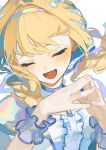  1girl :d absurdres blonde_hair blue_choker blue_ribbon blue_wrist_cuffs bow braid choker closed_eyes commentary dot_nose dress fang frilled_dress frills fujita_kotone gakuen_idolmaster hair_bow hair_ribbon hairband happy highres idol idol_clothes idolmaster light_blush long_hair onigiri_(vuhz5735) own_hands_together ribbon sekaiichi_kawaii_watashi_(idolmaster) simple_background skin_fang smile solo steepled_fingers twin_braids upper_body white_background white_bow white_dress white_hairband wrist_cuffs 