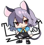  1girl :< animal_ears black_dress black_shoes bloomers blue_capelet capelet chibi closed_mouth commentary_request dress full_body grey_hair holding_dowsing_rod mouse_ears mouse_girl mouse_tail nazrin red_eyes shoes short_hair simple_background solo tail touhou white_background yoihebi 