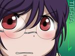  androgynous clenched_teeth close-up face glasses gundam gundam_00 gununu looking_at_viewer male_focus parted_lips purple_hair red_eyes rimless_eyewear solo teeth tieria_erde 