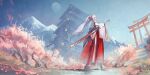  absurdres cherry_blossoms full_body hakama hakama_skirt highres hiyuki_(wuthering_waves) holding holding_sword holding_weapon japanese_clothes jyn_(jyn_ixix) lantern long_hair looking_at_viewer looking_back mountain outdoors paper_lantern ponytail shirt skirt sword torii weapon white_shirt wuthering_waves 
