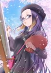  1girl ando_raymond beret black_dress blue_eyes blue_sky canvas_(object) cherry_blossoms commentary day dress easel glasses gradient_hair hat holding holding_paint_palette holding_paintbrush hololive hololive_english looking_at_viewer multicolored_hair ninomae_ina'nis ninomae_ina'nis_(casual) orange_hair outdoors paint_palette paintbrush pinafore_dress pinstripe_pattern pinstripe_shirt pointy_ears purple_hair purple_shirt shirt sky sleeveless sleeveless_dress solo tentacle_hair virtual_youtuber 
