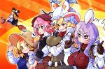  5girls :3 alternate_costume animal_ears animal_hat apron arms_under_breasts bird_ears black_gloves black_skirt black_vest blonde_hair blush bow braid breasts bright_pupils broom broom_riding brown_dress brown_gloves brown_hat commentary cosplay crossed_arms dress falco_lombardi falco_lombardi_(cosplay) fingerless_gloves fox_mccloud fox_mccloud_(cosplay) fox_tail gloves gram_9 hair_between_eyes hair_bow hair_ribbon hands_on_headwear hat hat_bow highres jacket kirisame_marisa kitsune large_breasts long_hair long_sleeves mob_cap moriya_suwako multiple_girls multiple_tails mystia_lorelei open_clothes open_jacket open_mouth peppy_hare peppy_hare_(cosplay) pink_hair purple_dress purple_hair rabbit_ears rabbit_girl red_dress red_eyes red_scarf reisen_udongein_inaba ribbon scarf side_braid single_braid skirt slippy_toad slippy_toad_(cosplay) smart_bomb_(star_fox) smile star_fox tail touhou tress_ribbon vest waist_apron white_apron white_bow white_hat white_jacket white_pupils winged_hat witch_hat yakumo_ran yellow_eyes 
