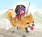  barefoot blush bowl dog hat holding_needle japanese_clothes kimono long_sleeves minigirl needle obi open_mouth outstretched_arm purple_eyes purple_hair riding sash shinapuu smile sukuna_shinmyoumaru touhou wide_sleeves 