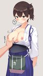  blush breast_grab breasts breasts_outside brown_eyes brown_hair grabbing grey_background hands japanese_clothes kaga_(kantai_collection) kantai_collection large_breasts nipples short_hair side_ponytail solo_focus sweat yamamoto_shima 