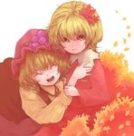  aki_minoriko aki_shizuha blonde_hair closed_eyes food food_themed_clothes fruit grapes hair_ornament hat leaf leaf_hair_ornament leaf_on_head long_sleeves ma_nyan_(nyao_mao_nyao) multiple_girls open_mouth short_hair siblings sisters smile touhou yellow_eyes 