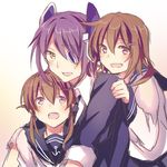  bad_id bad_pixiv_id brown_hair hug hug_from_behind ikazuchi_(kantai_collection) inazuma_(kantai_collection) kantai_collection long_hair long_sleeves looking_at_viewer multiple_girls purple_hair ryousui_nao school_uniform serafuku short_hair tenryuu_(kantai_collection) yellow_eyes 