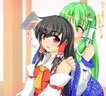  bare_shoulders black_hair blush combing detached_sleeves green_hair hair_tubes hakurei_reimu kochiya_sanae kokujuuji long_hair multiple_girls red_eyes smile touhou translated yuri 