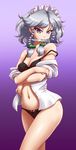  absurdres black_bra black_panties blue_eyes blush bra braid breasts cleavage combat_knife dress_shirt highres izayoi_sakuya knife maid maid_headdress mazume medium_breasts mouth_hold navel no_pants off_shoulder panties shirt short_hair silver_hair solo strap_slip touhou twin_braids underwear weapon 