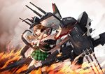  bare_shoulders big.g blood blue_eyes blush boots breasts brown_hair cannon damaged detached_sleeves fire hairband headgear hiei_(kantai_collection) japanese_clothes kantai_collection long_hair medium_breasts missile short_hair skirt torn_clothes turret 