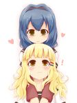  2girls arms_around_neck blonde_hair blue_hair blush brown_eyes dress furutani_himawari hair_ornament hairband hairclip heart looking_at_another looking_down looking_up mokuyou multiple_girls nanamori_school_uniform oomuro_sakurako sailor_dress school_uniform serafuku white_background yellow_eyes yuru_yuri 