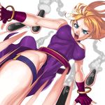  bangle bare_shoulders blonde_hair blue_eyes blue_panties bonne_jenet bracelet breasts choker dress fatal_fury fingerless_gloves flying_kick gloves highleg highleg_panties jewelry kicking large_breasts long_hair mark_of_the_wolves missile motion_blur no_bra open_mouth panties purple_dress side_slit skull_and_crossbones snk solo takoyaki_neko-san thigh_strap underwear 