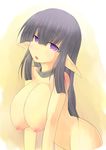  1girl black_hair blush breasts collar elf female kourourin long_hair looking_at_viewer nipples nude open_mouth original pointy_ears purple_eyes solo 