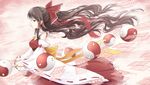  bare_shoulders bow brown_hair closed_eyes cloudy.r detached_sleeves dress hair_bow hair_tubes hakurei_reimu highres long_hair long_sleeves ofuda pink_eyes profile red_dress solo spell_card touhou very_long_hair wide_sleeves wind yin_yang 