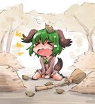  &gt;_&lt; animal_ears autumn_leaves blush broom brown_dress closed_eyes crying dress forest green_hair kasodani_kyouko long_sleeves nature open_mouth pile shinapuu sitting solo tail tears touhou v_arms wariza wavy_mouth 
