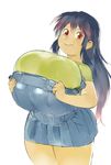  1girl blue_hair breast_grab breasts brown_eyes bursting_breasts fat female gigantic_breasts grabbing long_hair overalls plump red_eyes skirt smile tixil wide_hips 