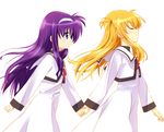  arisa_bannings blonde_hair blue_eyes blush closed_eyes dress hairband highres holding_hands kohinore long_hair long_sleeves lyrical_nanoha mahou_shoujo_lyrical_nanoha multiple_girls purple_hair red_ribbon ribbon school_uniform seishou_elementary_school_uniform smile tsukimura_suzuka two_side_up white_background white_dress 