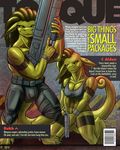  belt biceps breasts bulge claws cleavage clothed clothing duo english_text female green_skin grin gun hi_res kneeling lizard looking_at_viewer magazine_cover male muscles muscular_female pants pecs pistol pose pulsar ranged_weapon reptile rifle scales scalie smile standing text toe_claws toned topless weapon yellow_eyes 