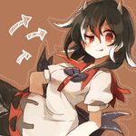  black_hair blush bow brown_background directional_arrow dress dutch_angle hisona_(suaritesumi) horns kijin_seija looking_at_viewer multicolored_hair puffy_sleeves red_eyes red_hair ribbon short_hair short_sleeves simple_background sketch smile solo tongue tongue_out touhou white_hair 