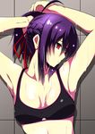  adjusting_hair ahoge armpits braid breasts cleavage hair_ribbon jikkyou_powerful_pro_yakyuu kaname_nagi medium_breasts ponytail purple_hair red_eyes ribbon rokudou_hijiri sidelocks solo sports_bra upper_body wet 