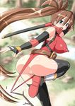 anus ass bare_shoulders blue_eyes branch breasts brown_hair covered_nipples final_fuck fingerless_gloves gloves huge_breasts leotard leotard_pull long_hair open_mouth otoi_rekomaru pussy red_leotard solo sweatdrop sword thighhighs uncensored weapon 