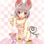  animal_ears apron basket blush checkered checkered_background feeding food fruit greatmosu grey_hair highres ice_cream mouse mouse_ears mouse_tail naked_apron nazrin pie pov_feeding pudding red_eyes short_hair solo spoon strawberry sundae tail touhou wrist_cuffs 