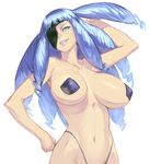  arm_up bad_id bad_pixiv_id blue_eyes blue_hair breasts character_request cozy eyepatch grin highleg highres large_breasts looking_at_viewer navel pasties simple_background smile solo white_background 