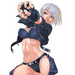 abs angel_(kof) belt blue_eyes bra breasts chaps cropped_jacket cropped_legs fingerless_gloves gloves grin impossible_clothes jacket large_breasts leather leather_jacket midriff navel open_clothes open_jacket panties short_hair silver_hair smile solo strapless strapless_bra takoyaki_neko-san the_king_of_fighters toned underwear zipper 