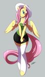  anthro anthrofied blush chalo clothing equine feathers female fluttershy_(mlp) friendship_is_magic green_eyes grey_background hair hat horse legwear long_hair looking_at_viewer mammal my_little_pony pegasus pink_hair plain_background pony shirt skirt smile solo stockings thighs wide_hips wings yellow_feathers yellow_skin 