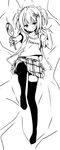  black_legwear blush bow candy food greyscale lollipop midriff monochrome navel original short_hair skirt sky_(freedom) sky_(sky-freedom) solo thighhighs two_side_up zettai_ryouiki 