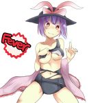  aoi_tobira blush cosplay frills hat hat_ribbon i-19_(kantai_collection) i-19_(kantai_collection)_(cosplay) kantai_collection nagae_iku namesake navel one-piece_swimsuit parody pointing purple_hair red_eyes ribbon school_swimsuit shawl solo swimsuit torn_clothes torn_swimsuit touhou 