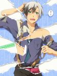  1boy :o anniversary belt black_hair copyright_name green_eyes ludger_will_kresnik male_focus md5_mismatch multicolored_hair necktie page_tear pants revealing_cutout shiomiya_(moshimoshi102) solo spoken_exclamation_mark streaked_hair surprised suspenders tales_of_(series) tales_of_xillia tales_of_xillia_2 two-tone_hair white_hair 