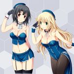  atago_(kantai_collection) black_hair blonde_hair breasts cleavage garter_straps kantai_collection large_breasts long_hair looking_at_viewer midriff multiple_girls navel pantyhose red_eyes salute shian_(my_lonly_life.) short_hair takao_(kantai_collection) wrist_cuffs 