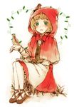  basket bird blonde_hair dress green_eyes highres hood little_red_riding_hood little_red_riding_hood_(grimm) looking_at_viewer nora_bo open_mouth short_hair smile solo 