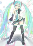  aqua_eyes aqua_hair ass_visible_through_thighs boots detached_sleeves gumo hatsune_miku long_hair necktie no_panties skirt solo thigh_boots thighhighs twintails very_long_hair vocaloid 