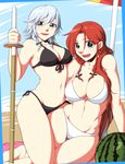  beach bikini black_bikini blue_eyes braid day food fruit hong_meiling izayoi_sakuya long_hair looking_at_viewer multiple_girls neko_majin red_hair shinai short_hair silver_hair smile swimsuit sword toned touhou twin_braids umbrella very_long_hair watermelon weapon white_bikini 