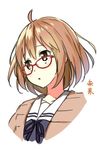  :o brown_eyes brown_hair cardigan glasses kuriyama_mirai kyoukai_no_kanata red-framed_eyewear school_uniform short_hair sky_(freedom) solo 